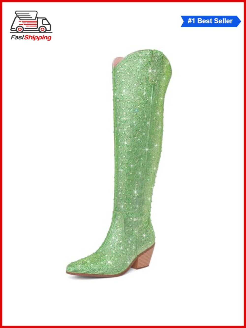 ✨ Rhinestone Over the Knee Cowboy Boots Western Thigh High Chunky Heel Pointed